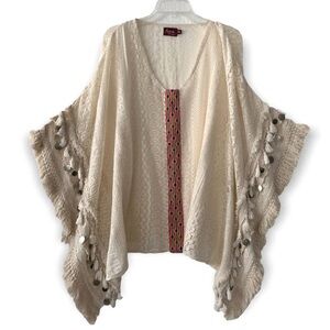Avani Del Amour pullover Boho 100% Cotton crochet hippie Fringe poncho Size S/M
